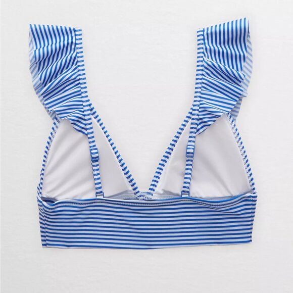 NWT Aerie Ruffle Longline Bikini Top in Blue Stripe - Picture 2 of 12